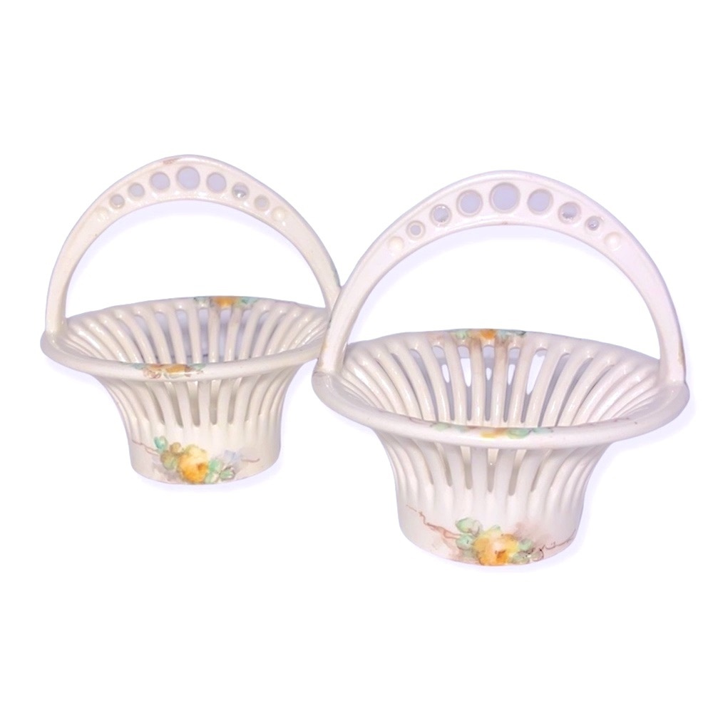 Two Miniature German Porcelain Weave Baskets • Hand Painted • Stamped & Numbered